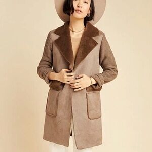 Anthropologie HARLOW FAUX FUR WIDE COLLAR KNIT TRENCH JACKET COAT